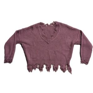 Love Tree Cropped Sweater Knitted Frayed Edge V-Neck Long Sleeves maroon Size S